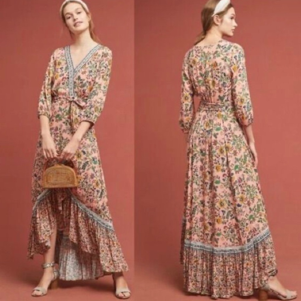 Anthropologie Pink Floral High-Low Boho Maxi Dress